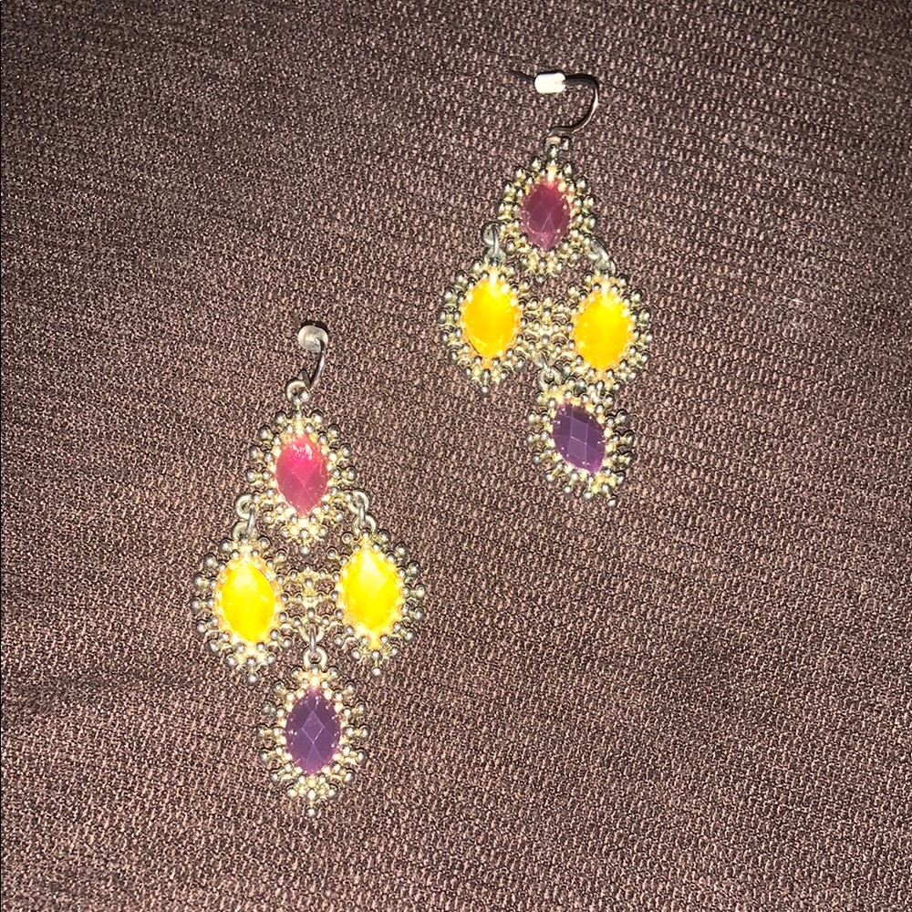 Bohemian Gold Dangle Earrings with Yellow and Purple Gems
